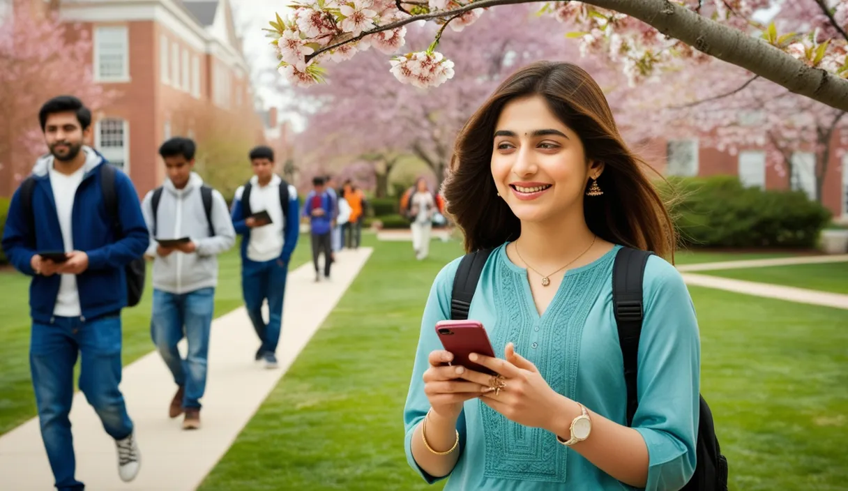 Campus Serenade: On a university campus, a Pakistani girl walking under a blossoming tree, a Bollywood song softly playing from her phone. The 4K wide shot captures students walking by and studying, but her smile and dreamy gaze reveal she is thinking about her boyfriend, who is attending a university in the United States, lost in her own romantic world.