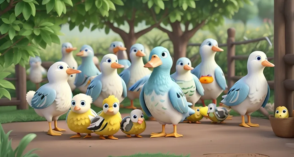 a group of ducks standing next to each other, 3d animation