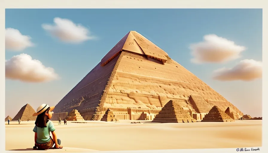 a woman sitting on the ground in front of a pyramid