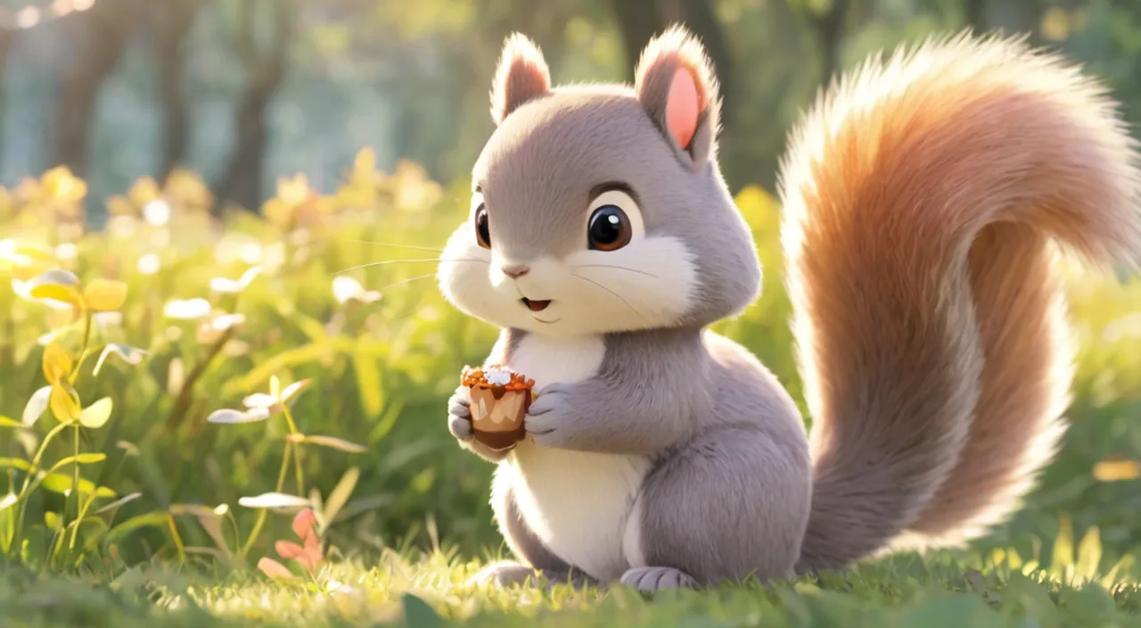 a cartoon squirrel holding a piece of food