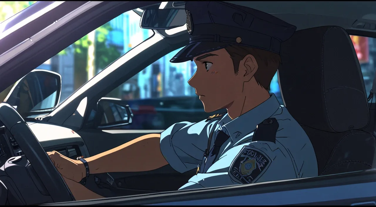 a police officer driving a police car through a city