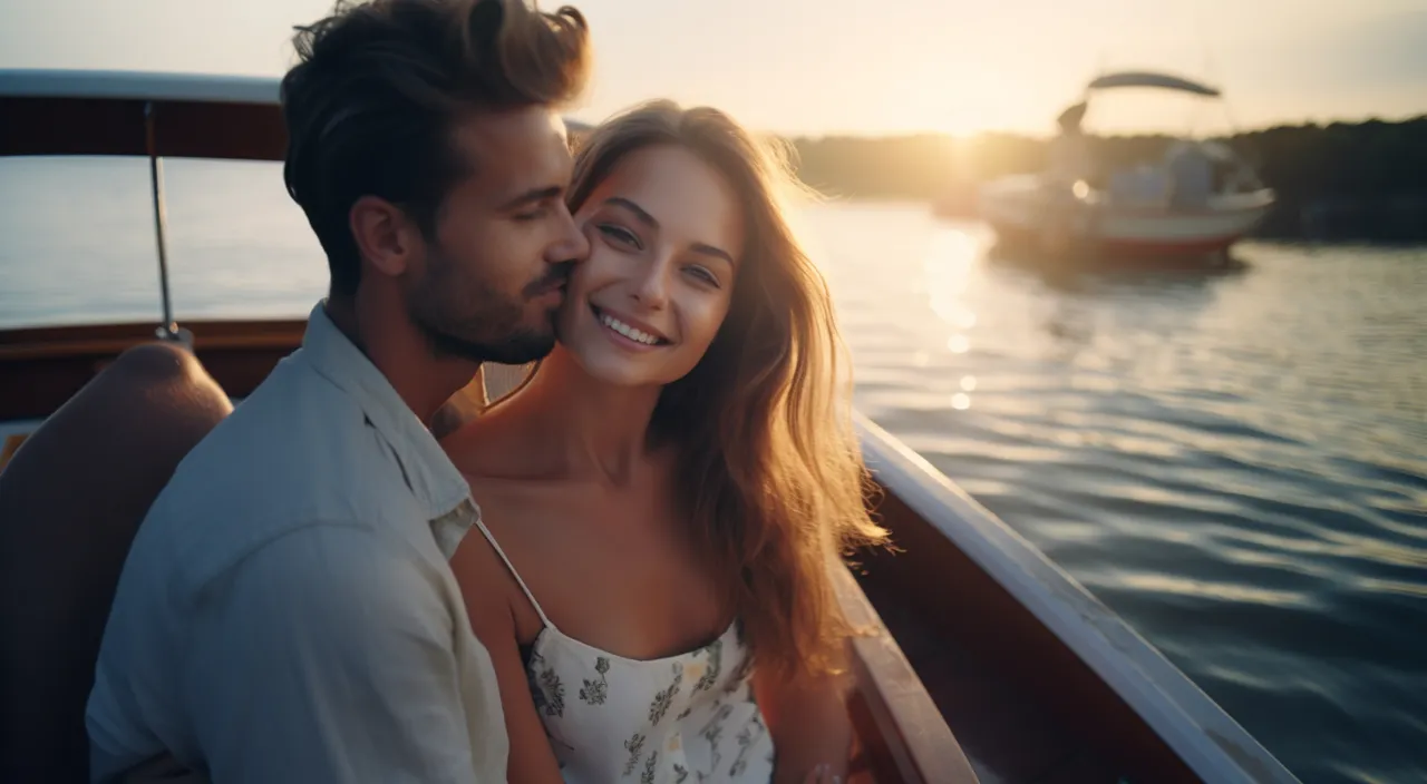 a man and a woman are sitting on a boat