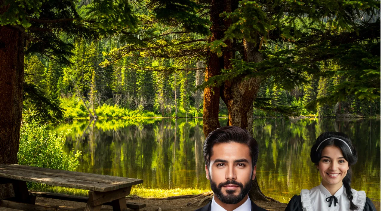 a man and a woman standing in front of a lake