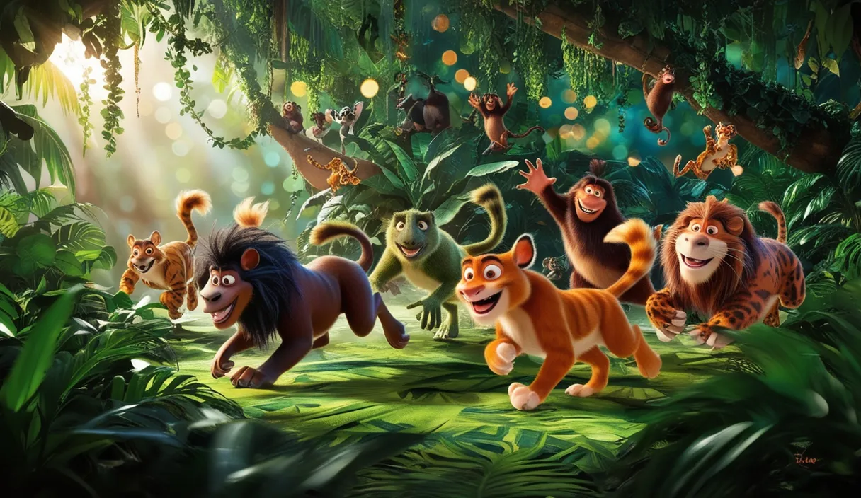 a group of cartoon animals in the jungle