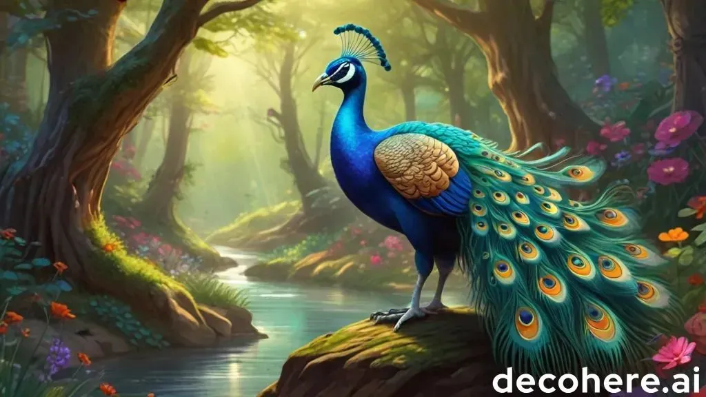 a painting of a peacock standing on a rock