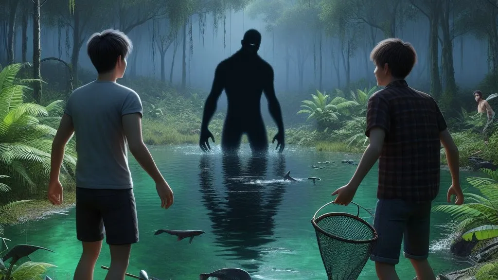 Two young men are standing near a pond, there is darkness and dense forest all around and they are throwing a net to catch fish in the pond, at this time a big black shadow came out of the pond which was very scary 3D animated