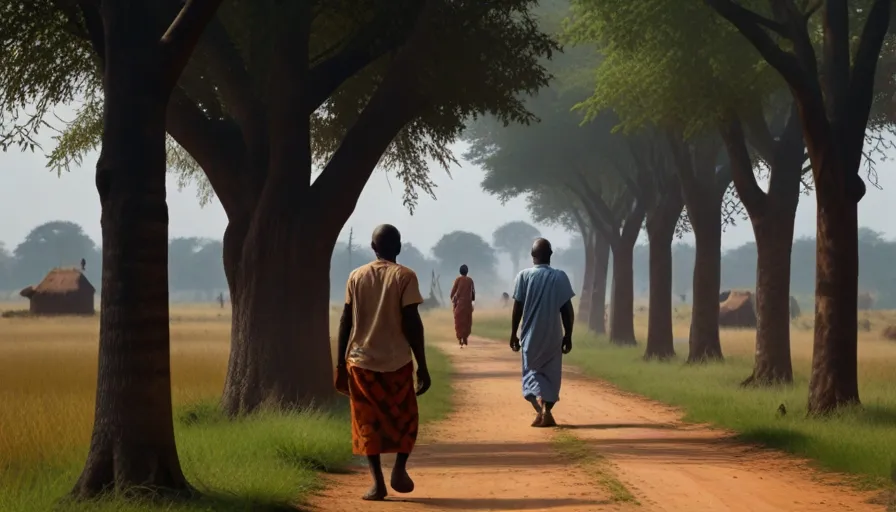 a couple of people walking down a dirt road