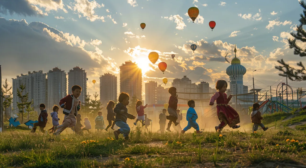 a group of children running in a field