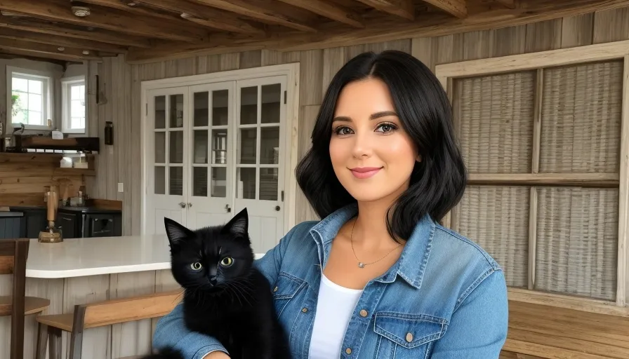 a woman holding a black cat in a kitchen