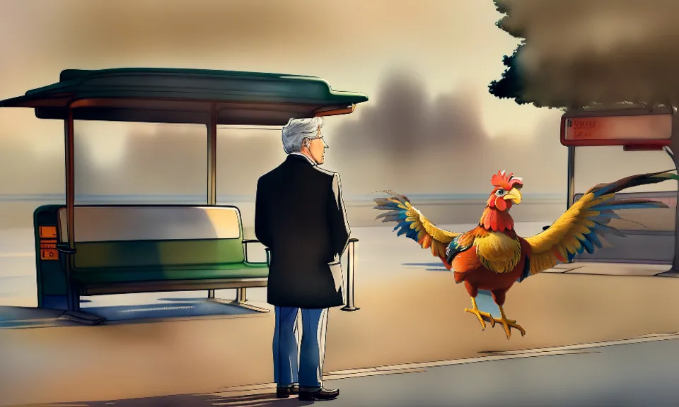 animated film Richard Gere missed the bus, at the stop a rooster with outstretched wings art animation in the style of Walt Disney