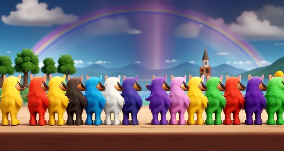 a group of toy animals standing in front of a rainbow