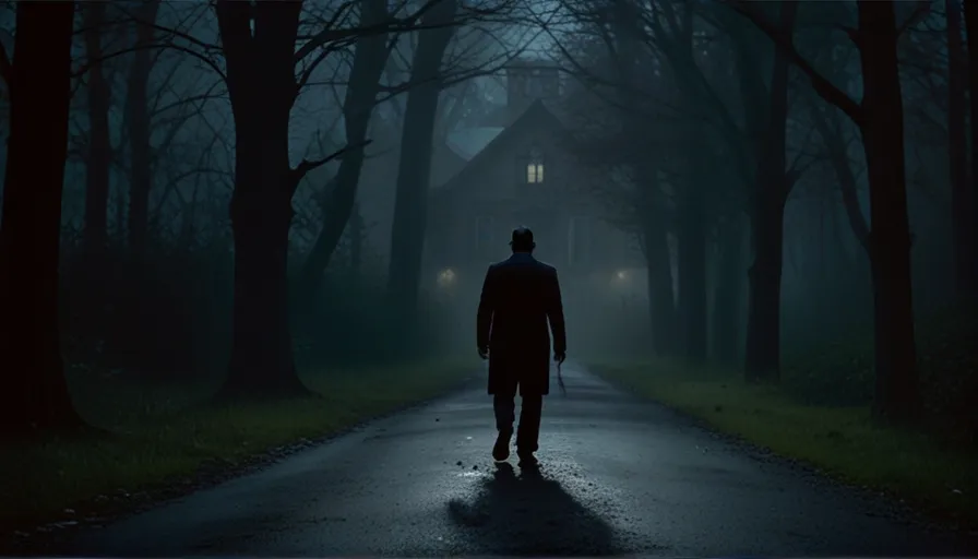 a man walking down a dark road at night