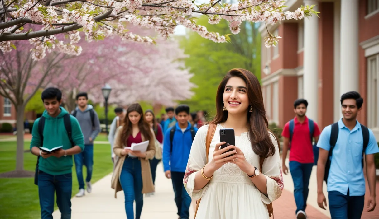 Campus Serenade: On a university campus, a Pakistani girl walking under a blossoming tree, a Bollywood song softly playing from her phone. The 4K wide shot captures students walking by and studying, but her smile and dreamy gaze reveal she is thinking about her boyfriend, who is attending a university in the United States, lost in her own romantic world.