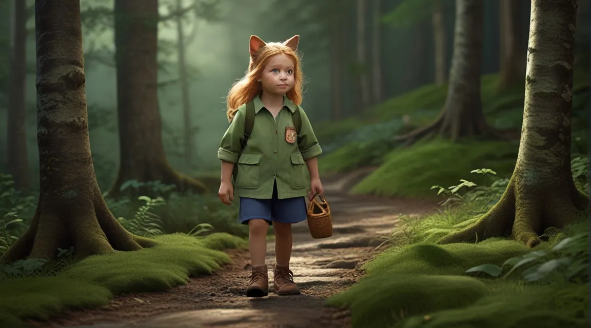 a little girl in a green shirt and blue shorts walking through a forest