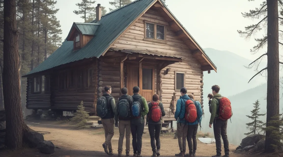 a group of people standing in front of a cabin