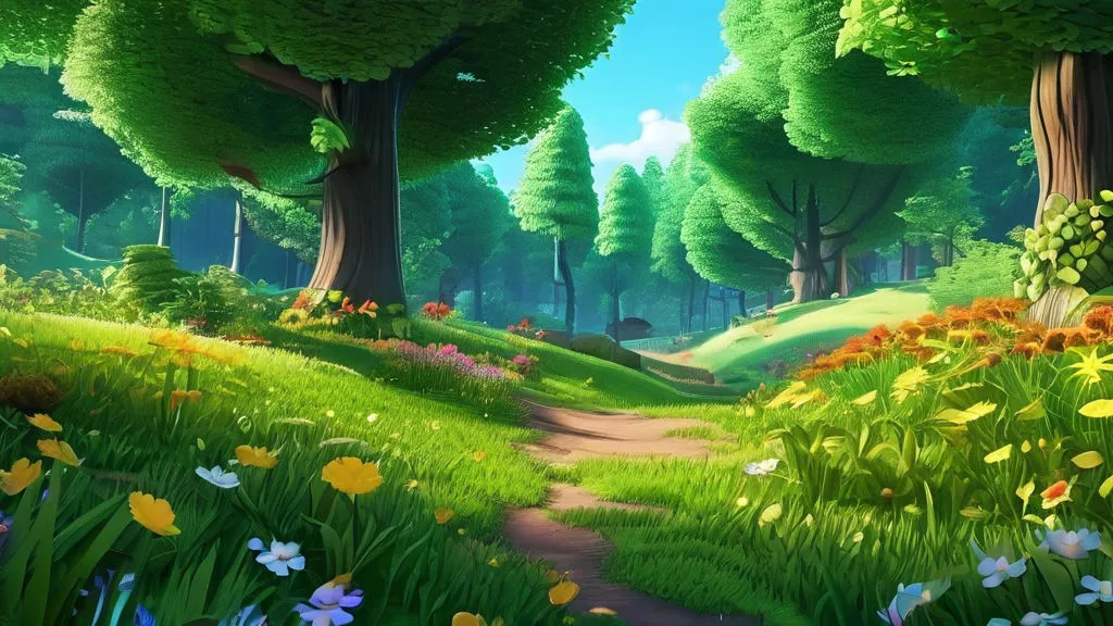 a lush green forest filled with lots of flowers