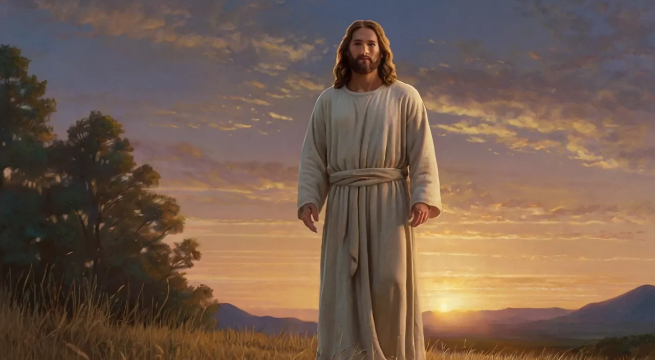 a painting of jesus standing in a field