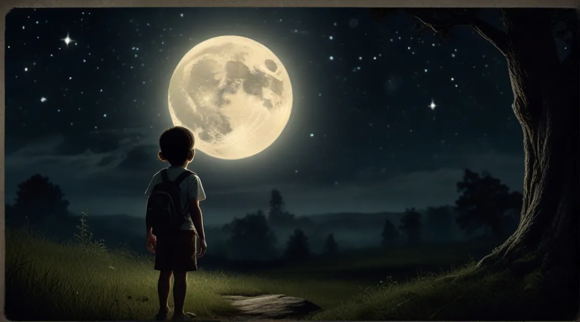 a little boy looking at the full moon