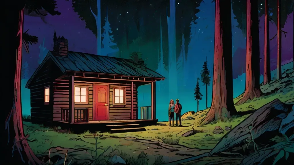 two people standing outside of a cabin in the woods