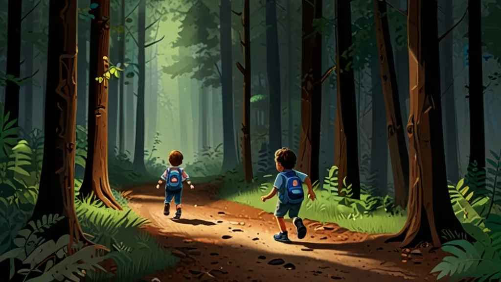 a couple of kids that are walking in the woods