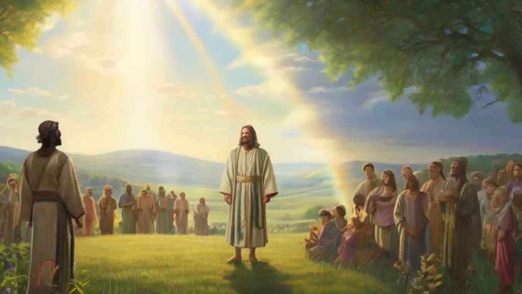 a painting of jesus standing in front of a group of people