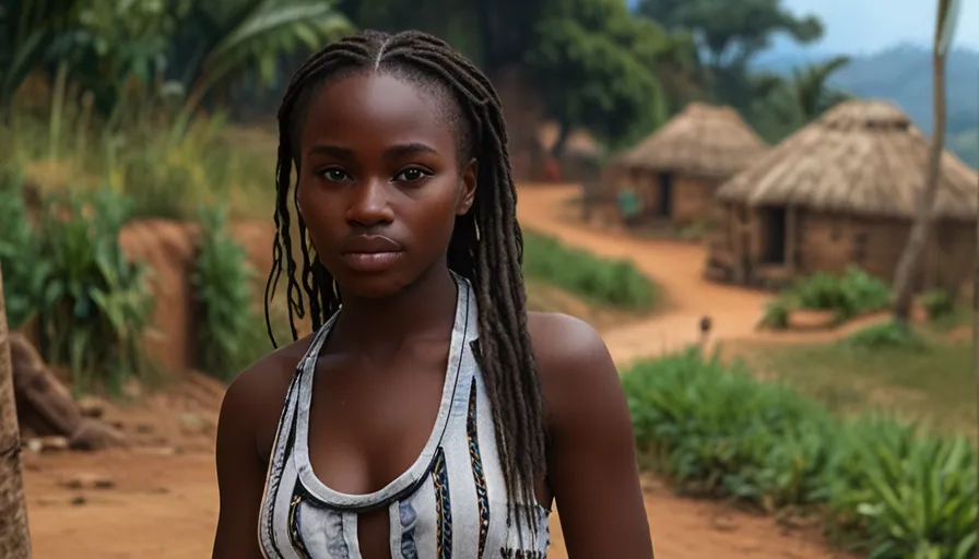 a woman with dreadlocks standing in front of a dirt road