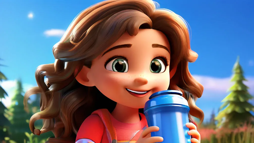 a cartoon girl holding a blue cup and smiling