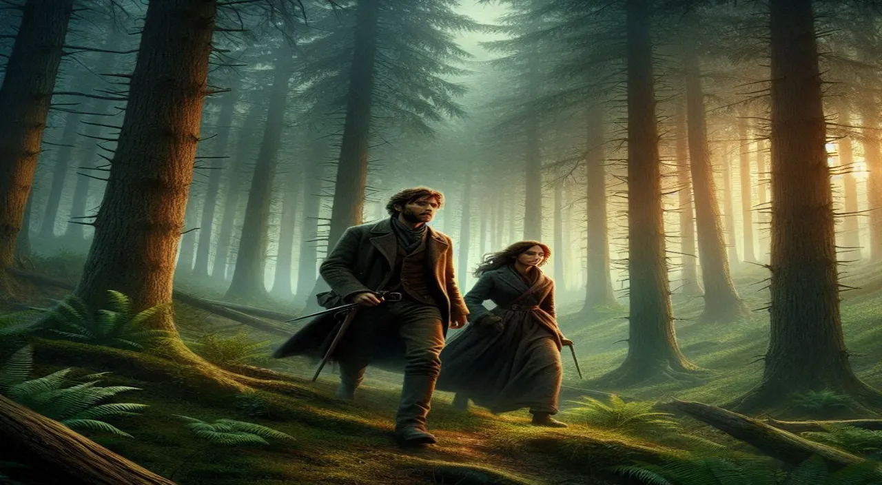 a man and a woman walking through a forest