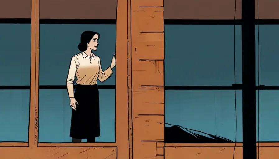 a cartoon of a woman standing in front of a window