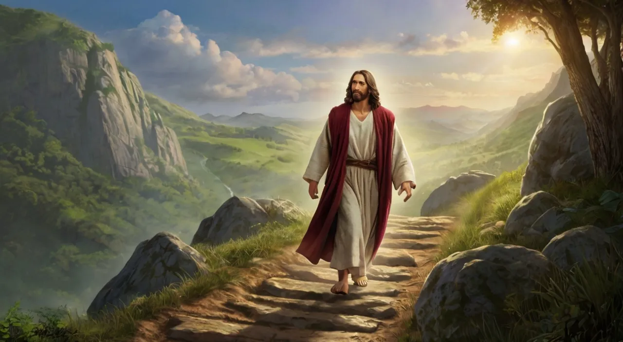 a painting of jesus walking down a path