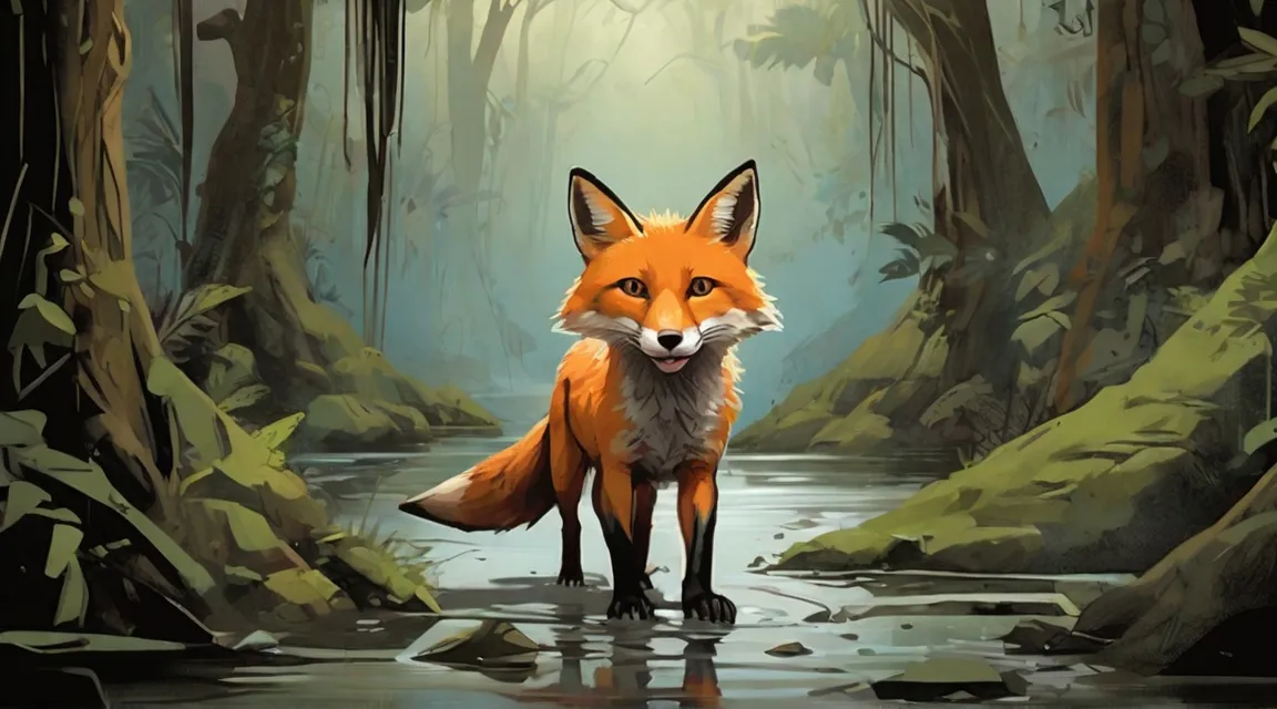 a painting of a fox walking in a forest