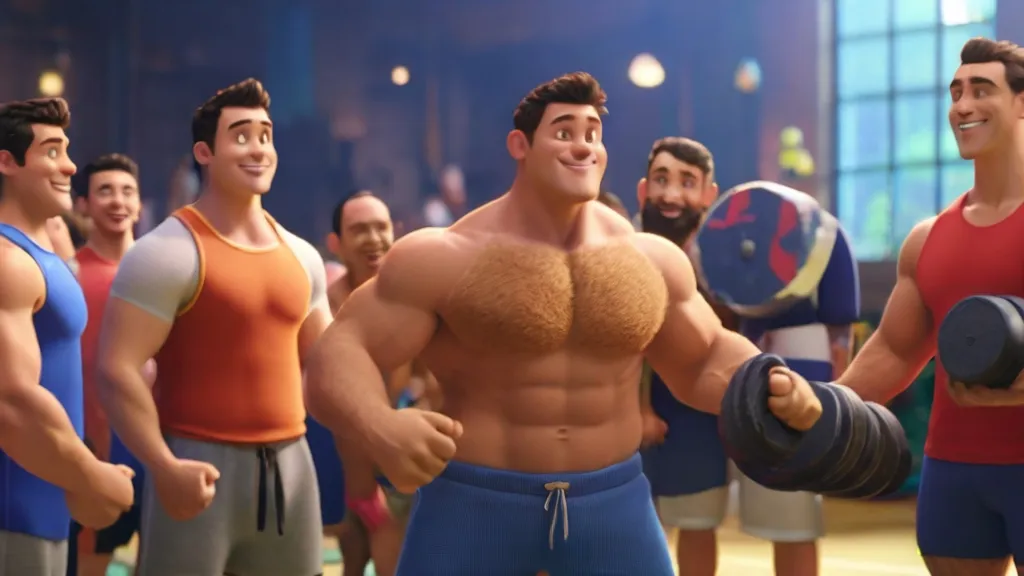 a group of men standing next to each other in a gym happily