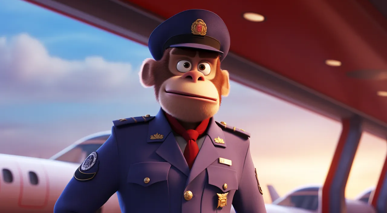 a monkey in a military uniform standing in front of a plane Moves his mouth