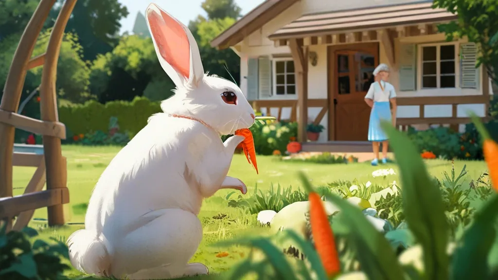 a white bunny holding a carrot in front of a house