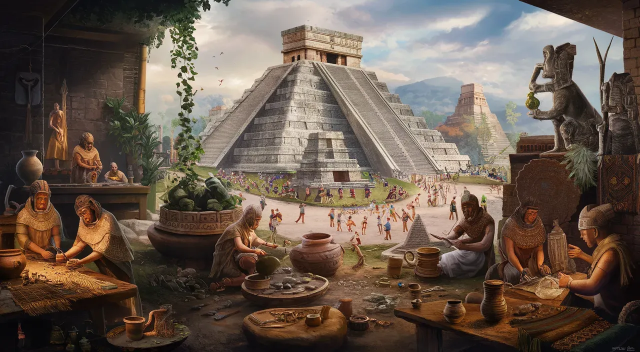 a painting of a group of people in front of a pyramid