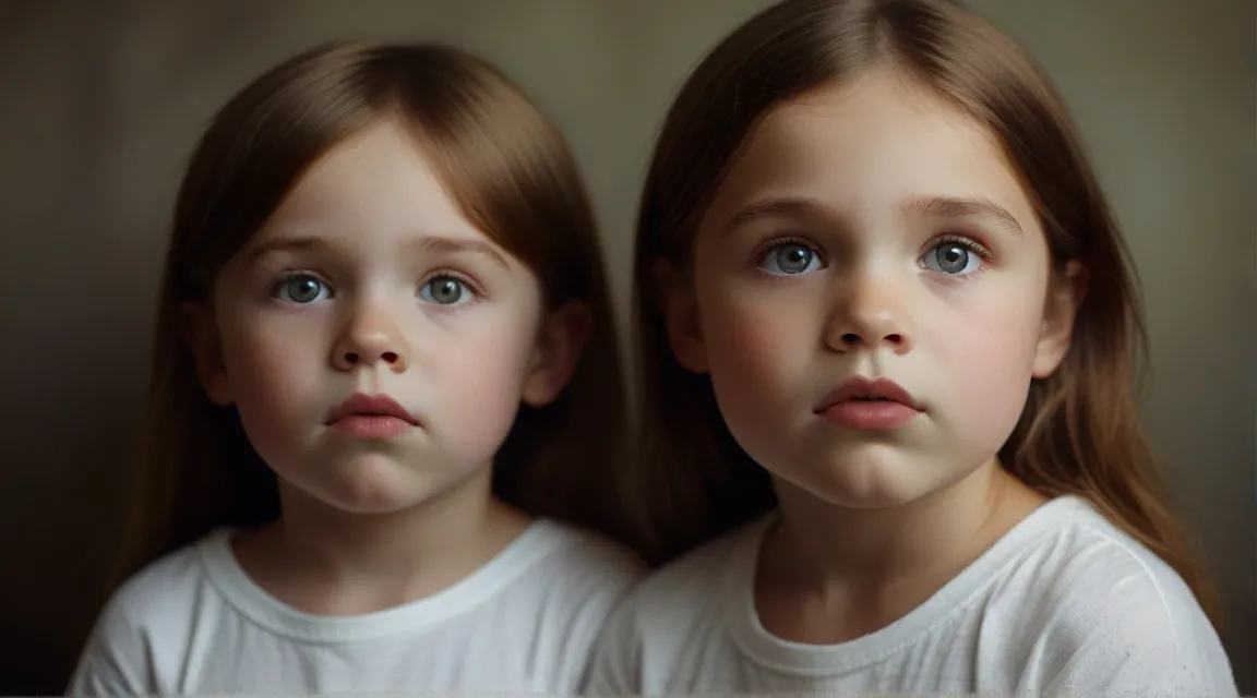 two young girls with blue eyes are looking at the camera