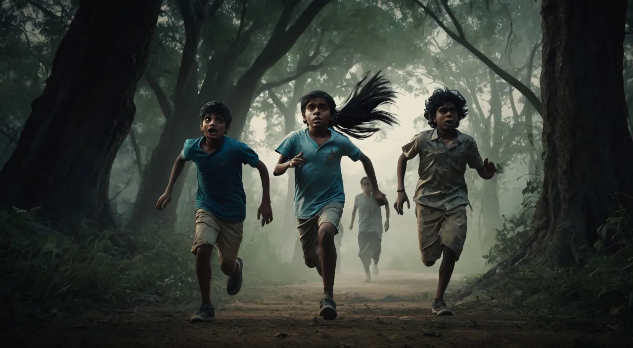 a group of children running through a forest