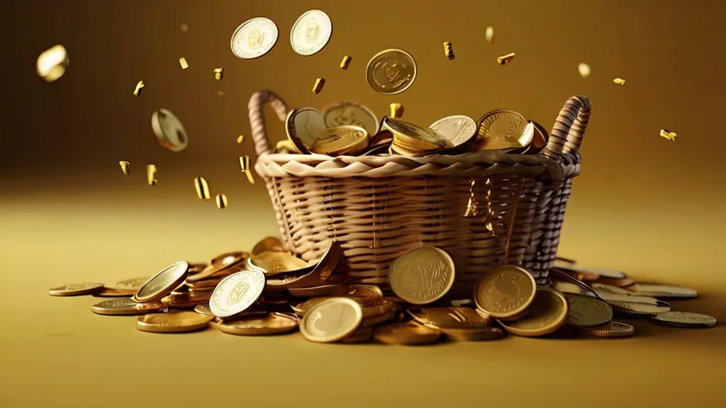 Create a Falling Money with golden background, 8k, size of 1920x1080, colorful
