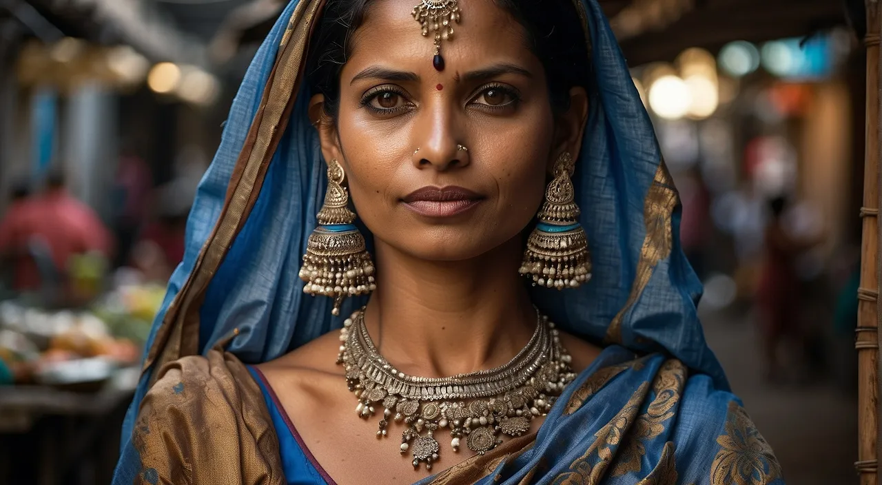 A beautiful fish-vendor Koli lady of 30 years of age, from Mumbai is facing camera, wearing koli-type beautiful blue saree and ornaments, carrying a big bamboo basket on head, aspect ratio 16:9