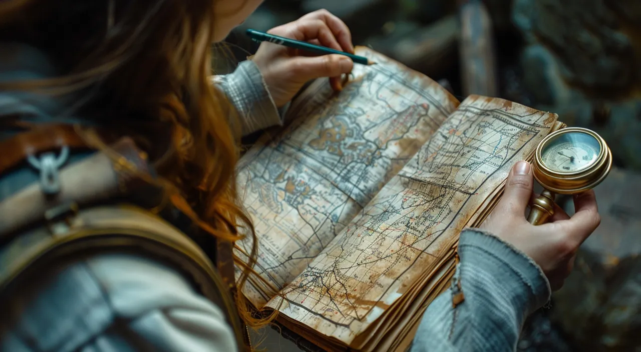 a woman holding a compass and looking at a map