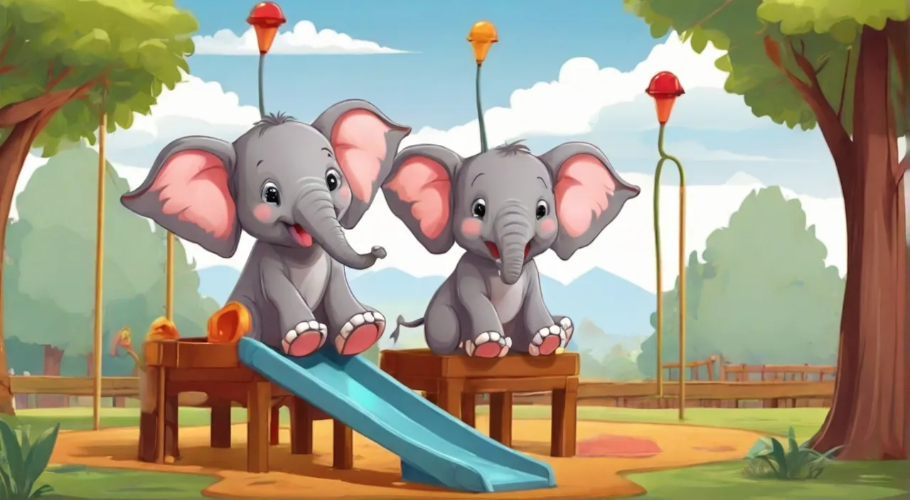 two elephants playing in the park with a slide. Cartoon 