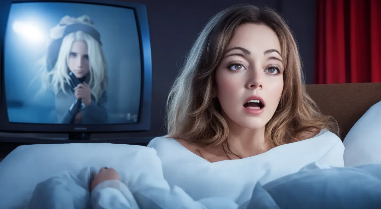 a woman laying in bed in front of a tv