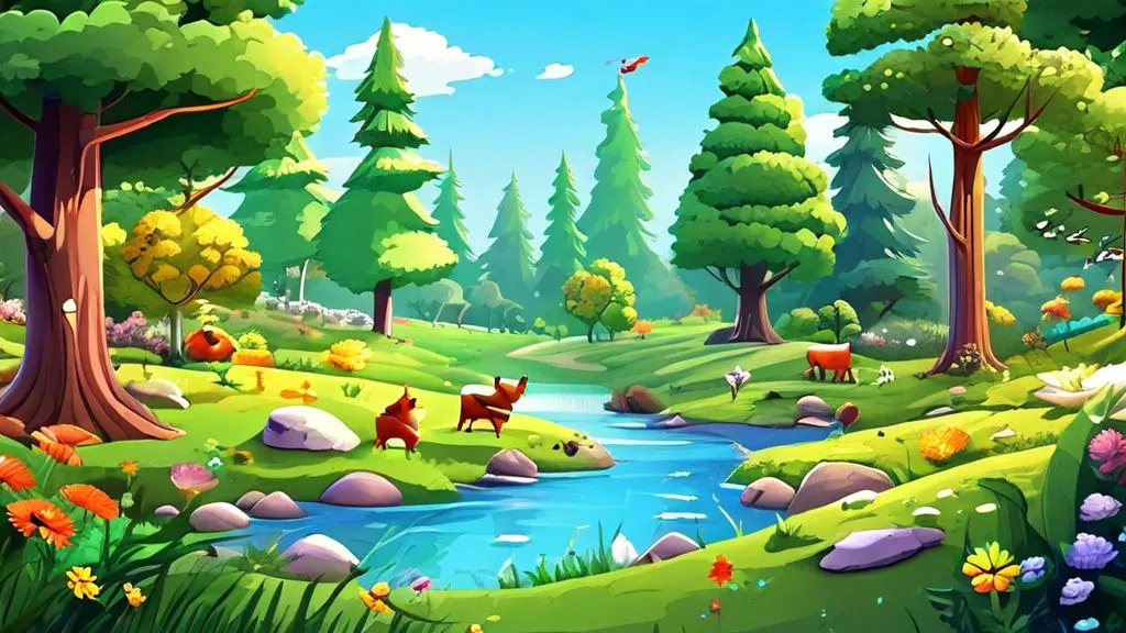 a painting of a river running through a lush green forest