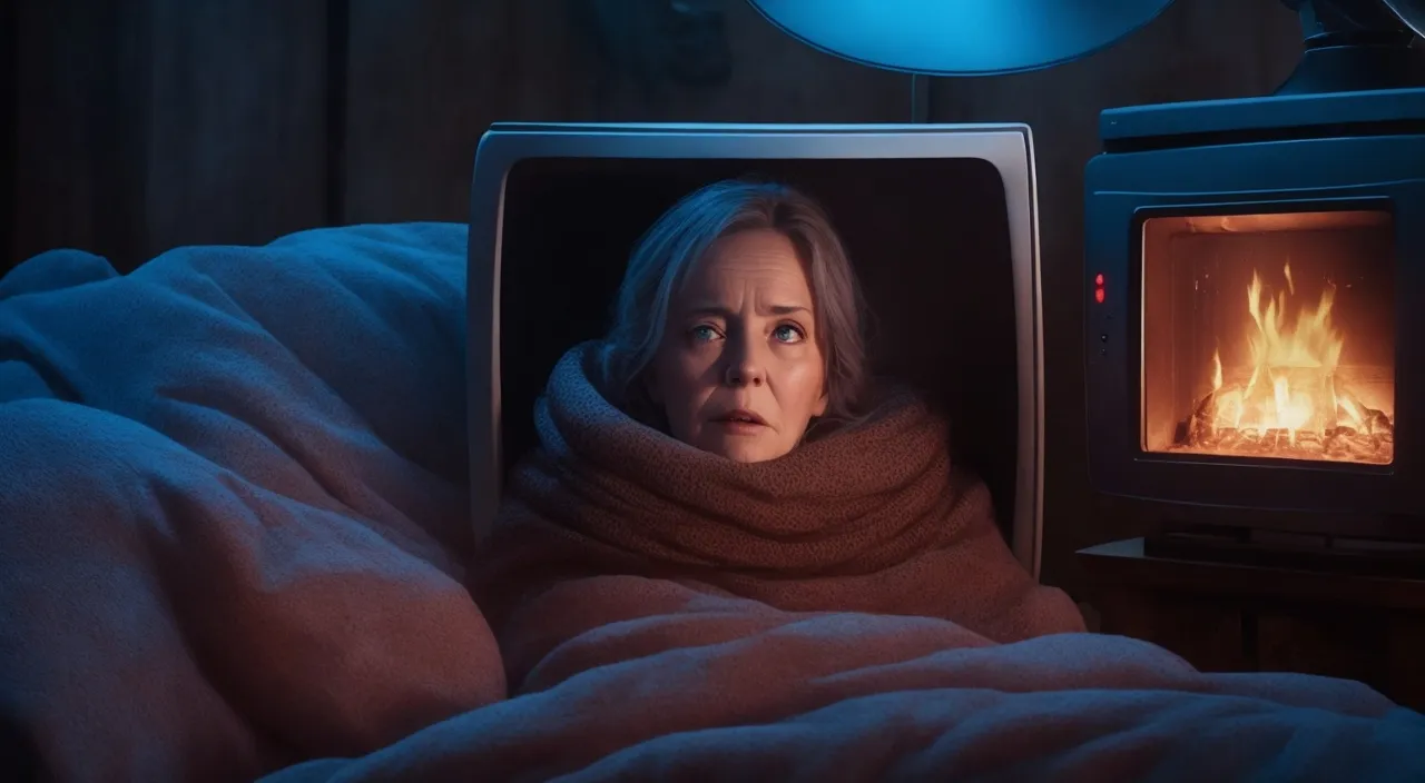 a woman laying in bed in front of a fireplace