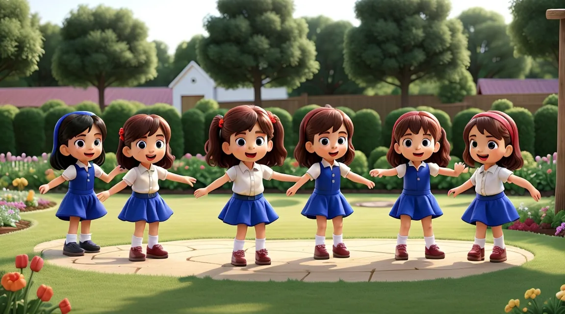 a group of little girls dancing on top of a lush green field, 3d animation, ultra-detailed