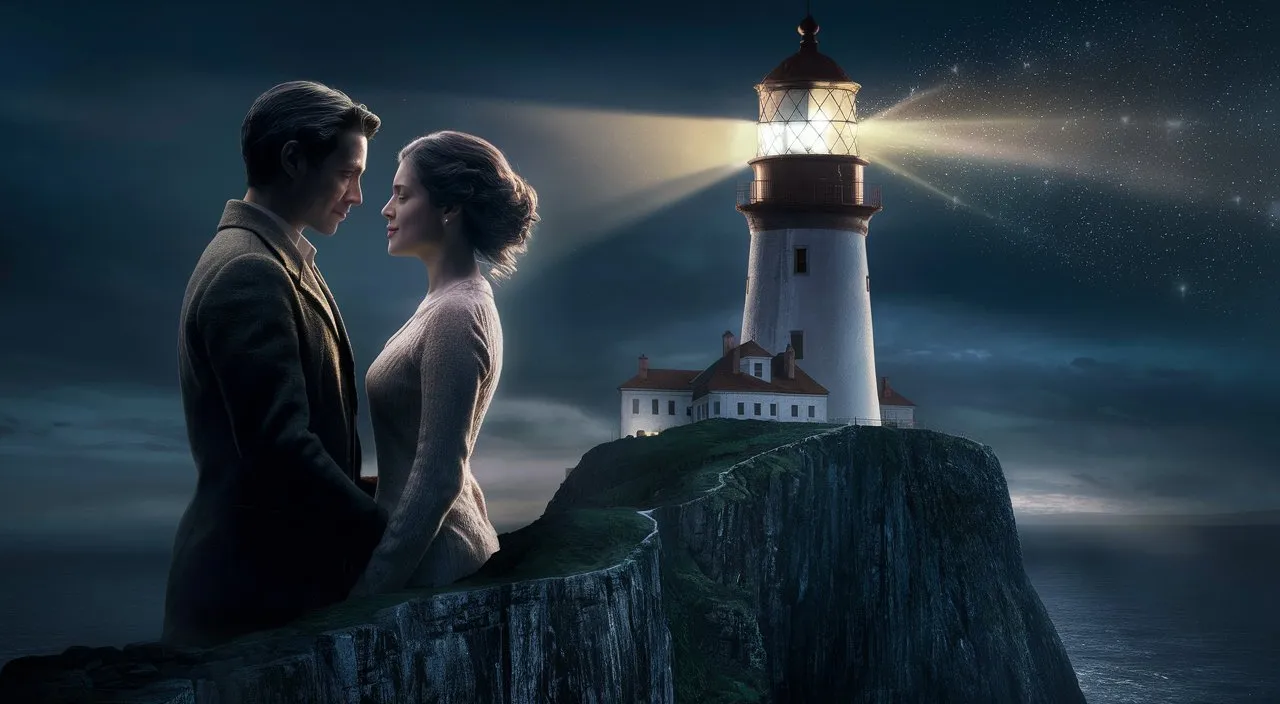 a man and a woman standing on top of a cliff next to a lighthouse