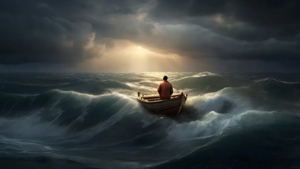 a man sitting in a boat in the middle of a large body of water