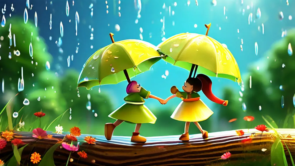 two little girls walking in the rain with umbrellas