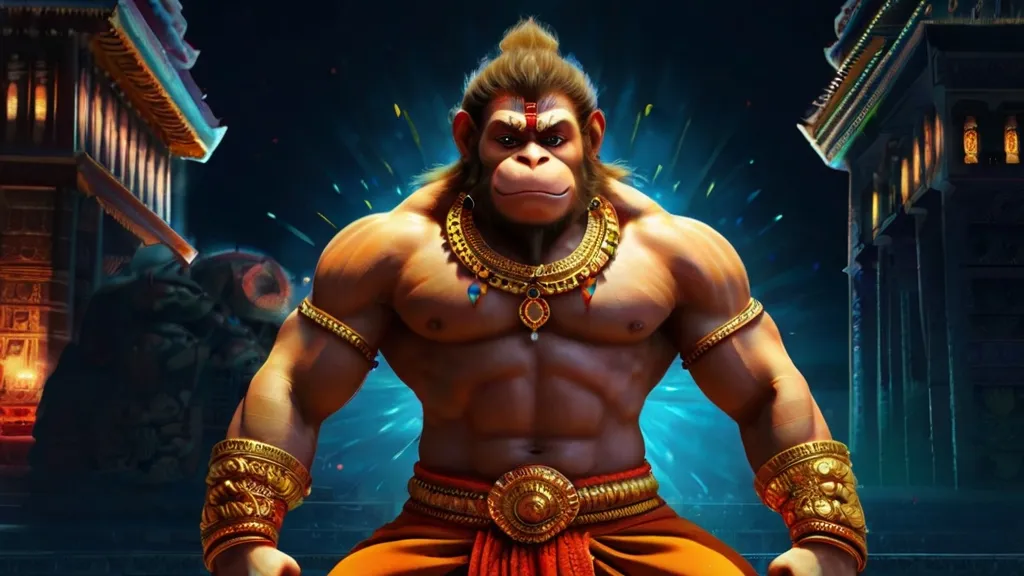 Create a god hanuman with a golden background, 8k, size of 1920x1080, colorful
