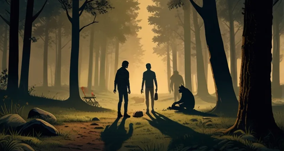 two people standing in the middle of a forest